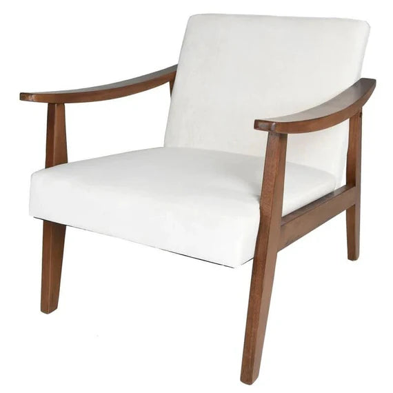 Lounge Chair For Living Room ,Comfortable Seating ,Durable Design Wide Chair Wooden Arm , Upholstery Polyester and Teak Wood Legs With wooden Polish -White
