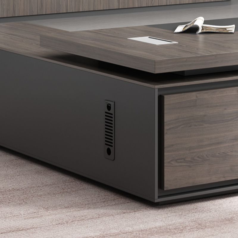 Director L-Shape Office Table Luxury Desk Made in Particle Board with Secure Drawer, Storage CPU Space, Side Unit & Wire Manager- Dark Grey