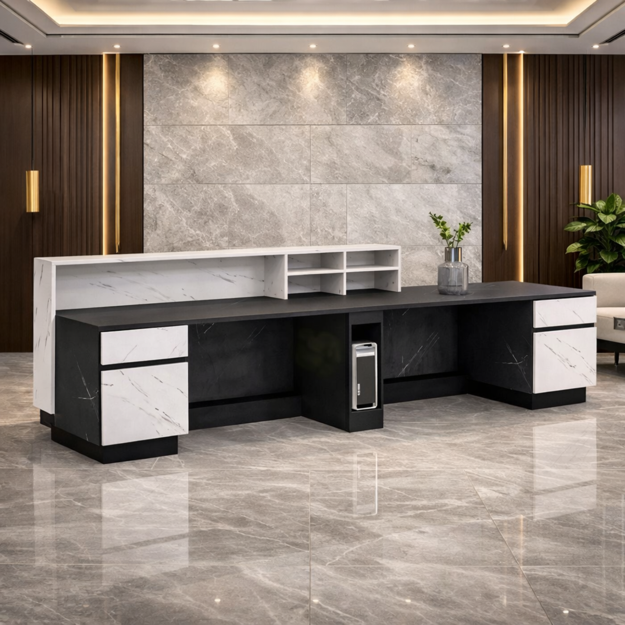 Reception Table for Office Luxury Modern Counter Stylish Design Made in MDF with Mica And Drawers & Ample Storage CPU Space - White & Grey