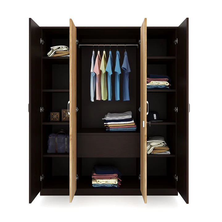 Wardrobe in Particle Wood with 4 Doors and Mirror – Elegant Storage Solution for Bedrooms with Hanging Rod, Shelves, and Drawer Space