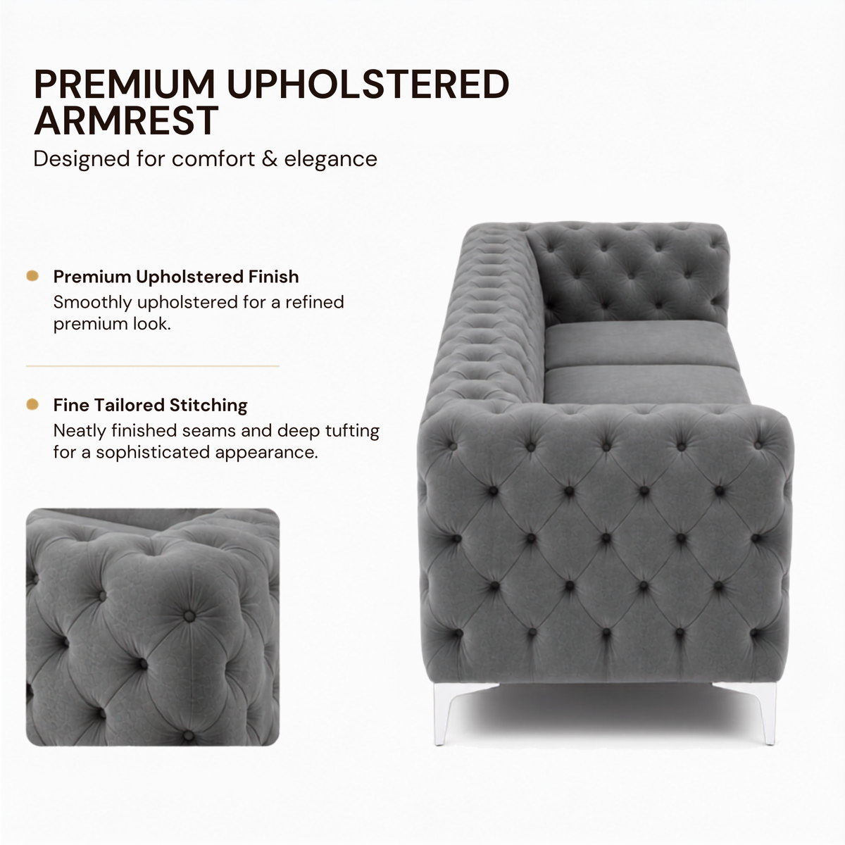 Premium Chesterfield 3 Seater Sofa with Deep Diamond Button Tufting, Curved Arms, Plush Cushioned Seats & Sleek Metal Legs