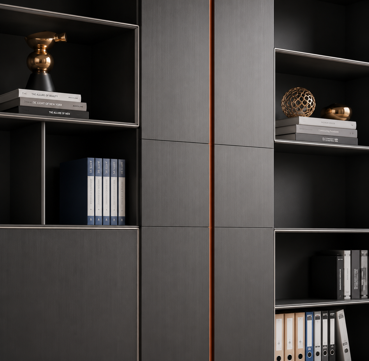 Cabinet featuring spacious open shelves, concealed storage compartments, and premium modern styling for offices, libraries, and executive interiors.