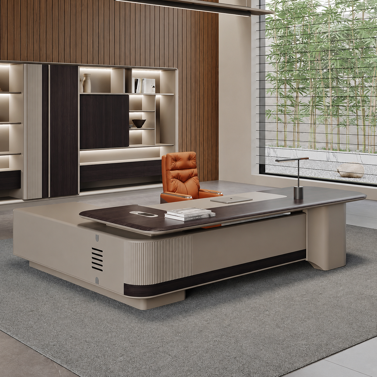Executive Office Desk with Integrated Side Storage, Premium Wood Finish, Modern Manager Workstation and Contemporary Design