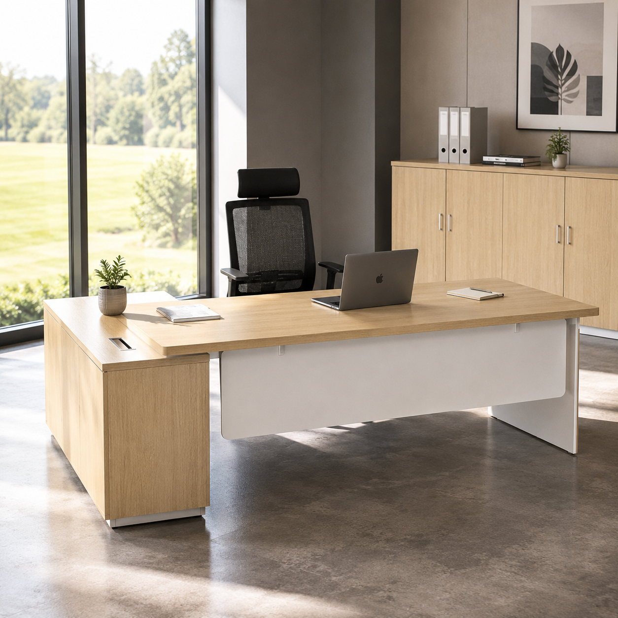 Director L-Shape Table Luxury Modern Office Desk with Made in MDF and Drawers and Storage Space & Steel Legs in White Powder Coated Finish