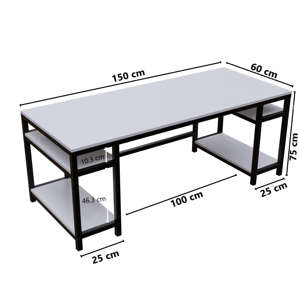 Modern Computer Table with Dual Storage Shelves, White Particle Board and Black Metal Frame – Spacious Work Desk