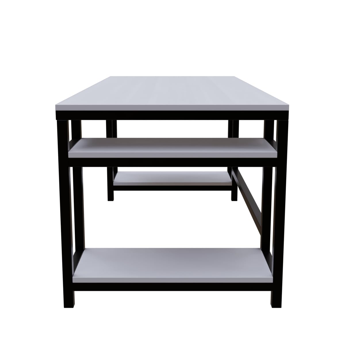 Modern Computer Table with Dual Storage Shelves, White Particle Board and Black Metal Frame – Spacious Work Desk