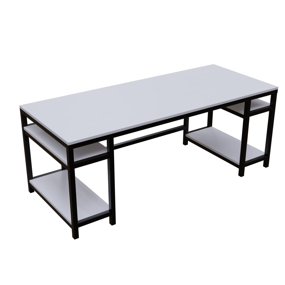 Modern Computer Table with Dual Storage Shelves, White Particle Board and Black Metal Frame – Spacious Work Desk