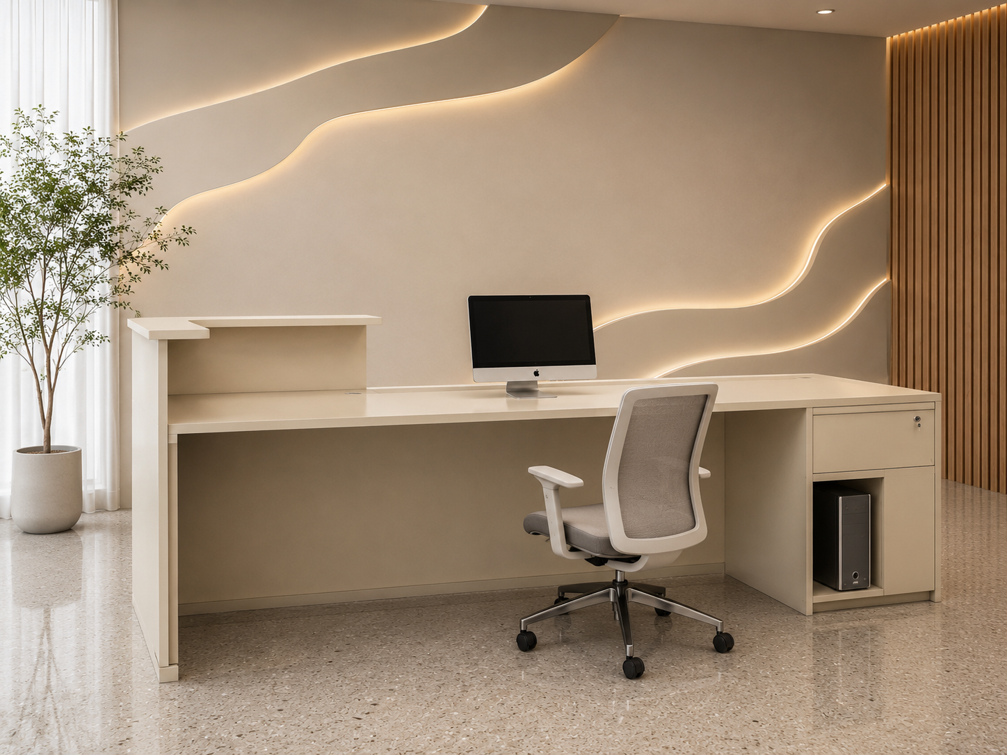 Contemporary Curved Reception Counter Desk for Salon, Spa, Wellness Studio, Boutique Clinic, Luxury Office, Beauty Lounge and Premium Commercial Interiors