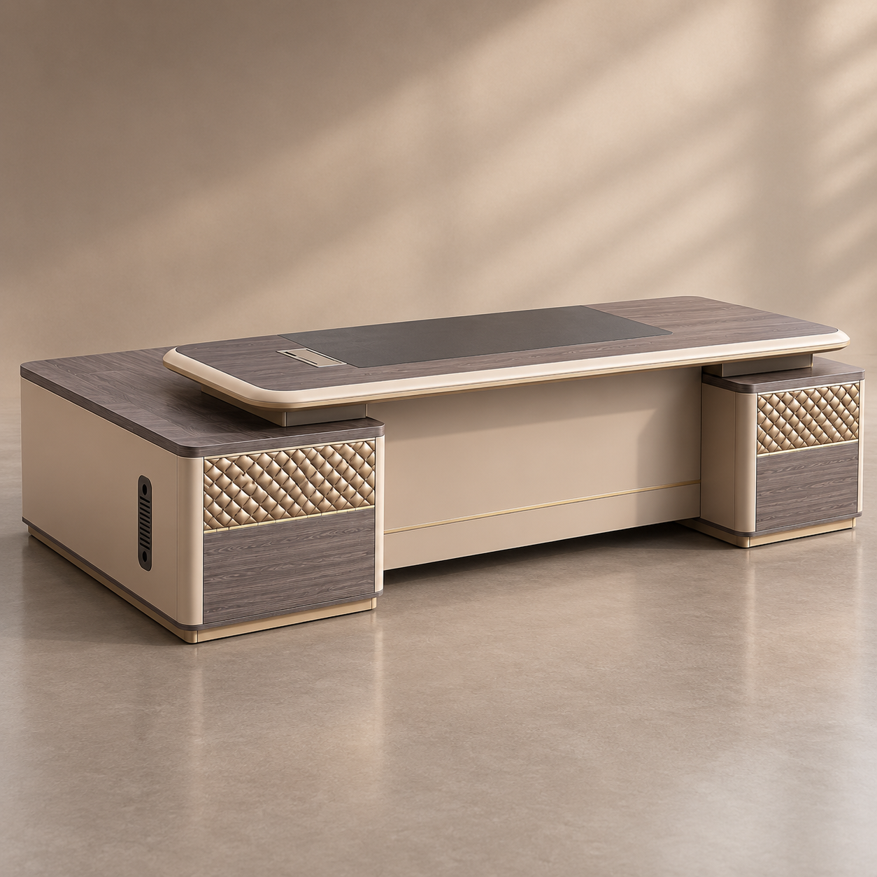 Modern Executive Office Table with Side Storage And Upholstered Detailing, Premium, and Luxury Office Desk