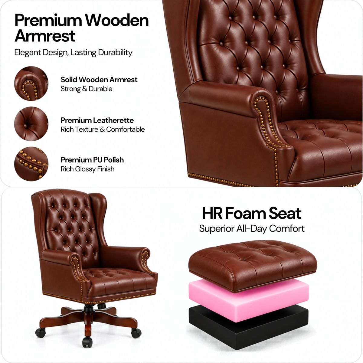 Luxury Wingback Swivel Chair with Wooden Base and Classic Tufted Style Director Desk Chair