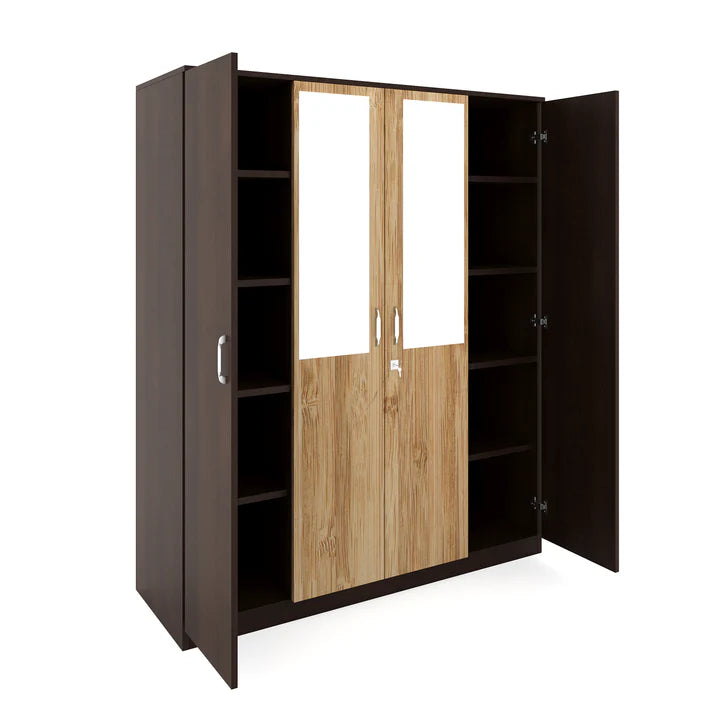 Wardrobe in Particle Wood with 4 Doors and Mirror – Elegant Storage Solution for Bedrooms with Hanging Rod, Shelves, and Drawer Space