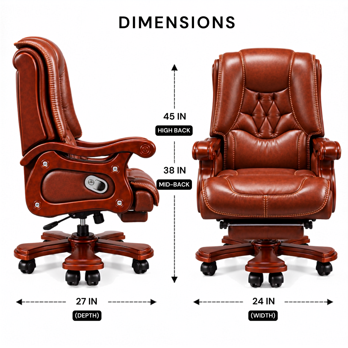 High Back Luxury Office Director Chair Made in Plyboard with Leatherette and High Density Foam & Recliner Feature and Double Wheel with wooden Polish