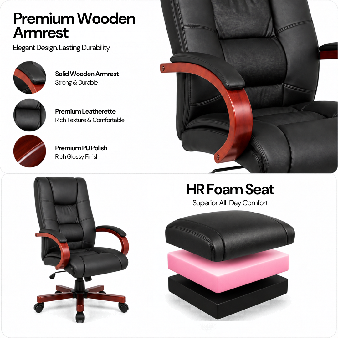 Stylish Leatherette Director and Boss Office Chair with Wooden Handle and Base
