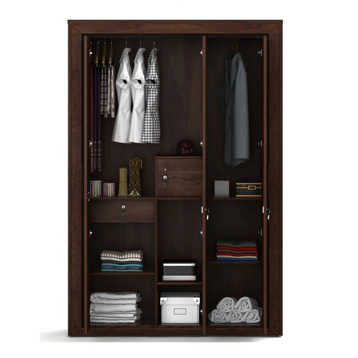 Wardrobe for Bedroom – 3‑Door Closet Hanging Rods & Shelves, Elegant Walnut Finish, Durable Particle Wood