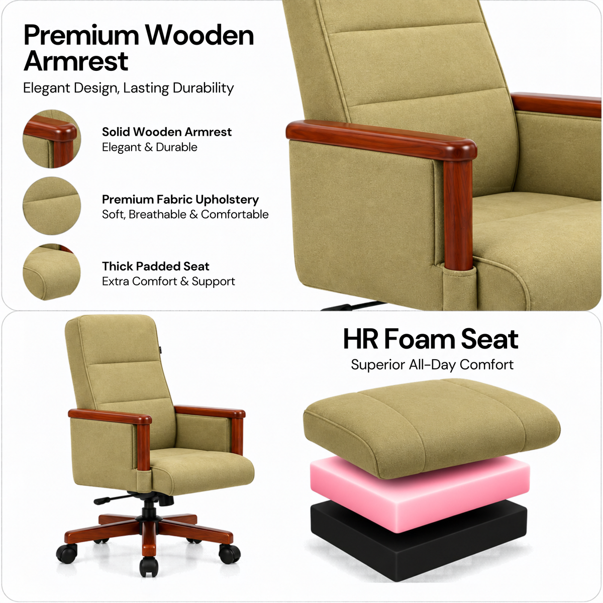 High Back Wooden with Fabric Revolving & Recliner Chair | Director Chair | Office - Cream Color