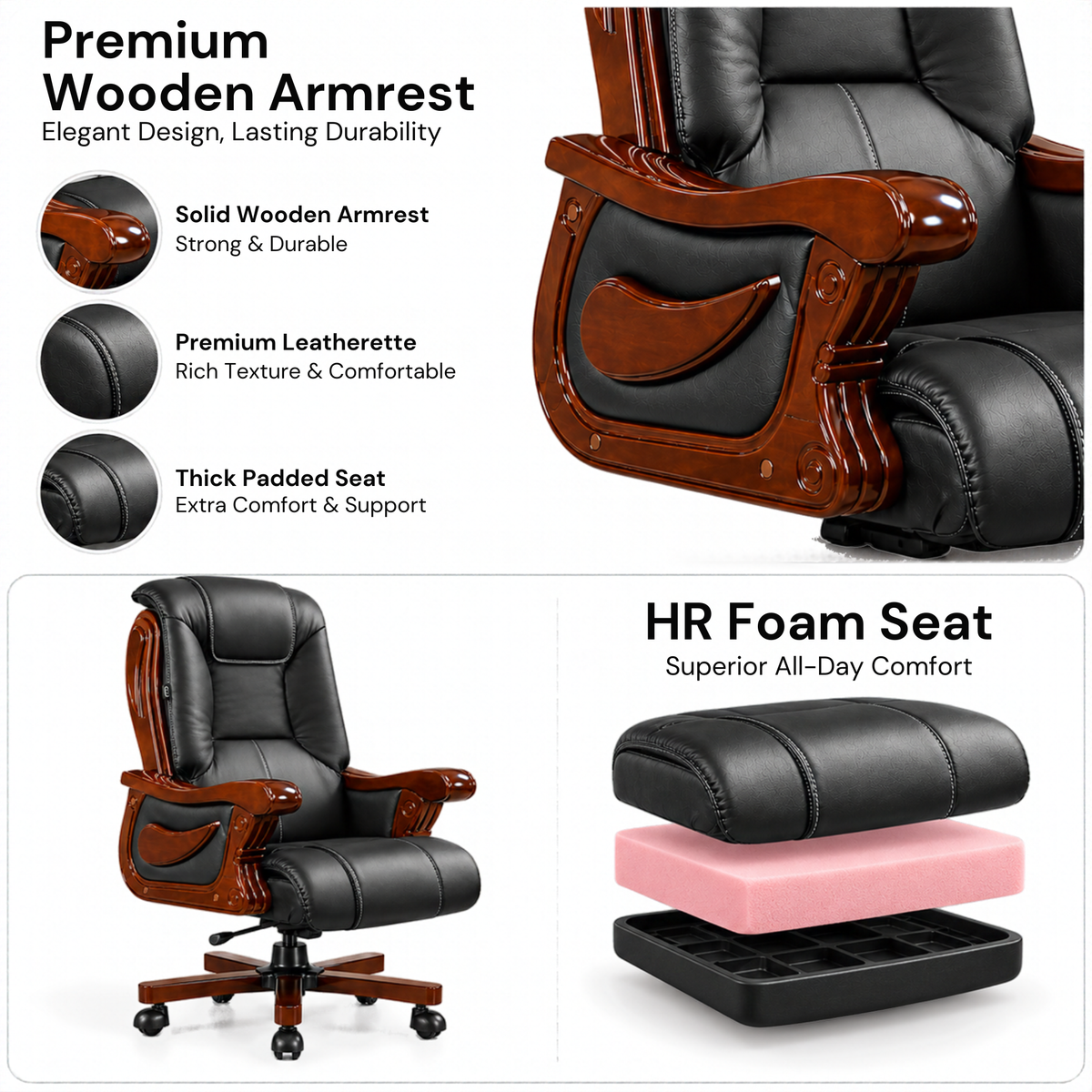 High Back Director Chair for office Luxury Design Made in Plyboard with Leatherette Upholstery & Armrests & Height Adjustable