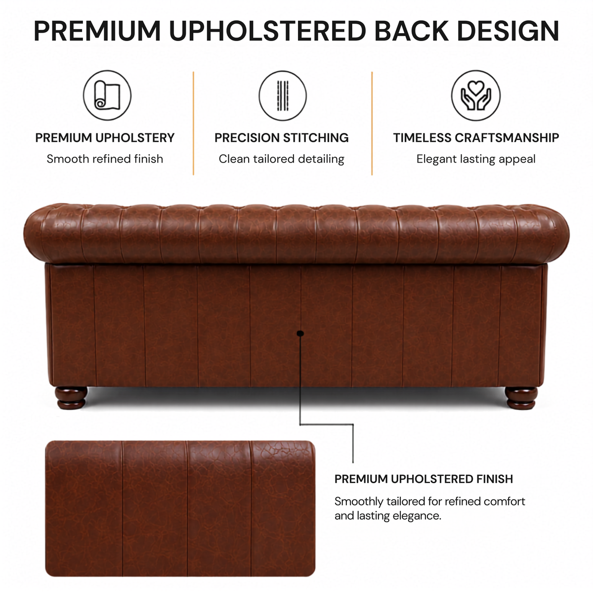 3 Seater chesterfield sofa Modern Design and Leatherette fabric Durable and Comfortable Padded Perfect for living Room, Office -Brown