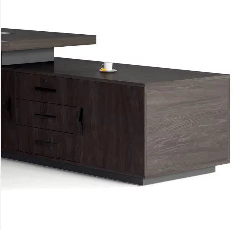 Director & Executive L-Shape Office Table Modern Desk Made in Plywood with Veneer Drawer, CPU Storage & Wire Manager - Walnut & Grey