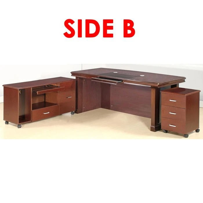 Director & Executive L-Shape Office Table Modern Desk Made in Plywood with Veneer Side Unit Storage & Drawer Pedestal, Integrated Wire Manager & CPU Storage - Brown