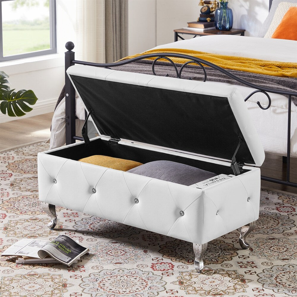 Elegant Grey Velvet Tufted Storage Ottoman Bench with Crystal Button Detailing and Silver Legs - Home Furniture