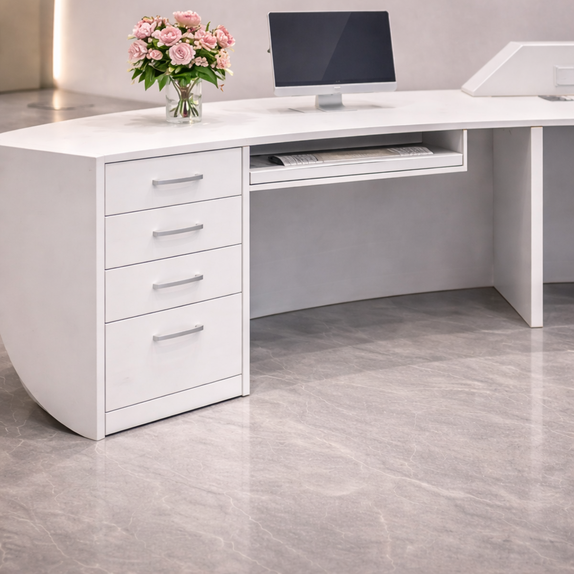 অফিসের জন্য অভ্যর্থনা টেবিল স্টাইলিশ ডিজাইন MDF দিয়ে তৈরি, প্লাই এবং LED লাইট এবং কীবোর্ড দিয়ে তৈরি, চেষ্টা করুন - সাদা রঙ