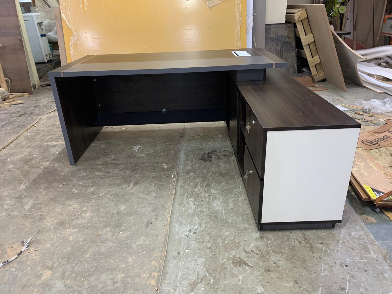 Director Office Table Made In Particle Board with Side Unite and Drawers & CPU Space - Teak Walnut Finish