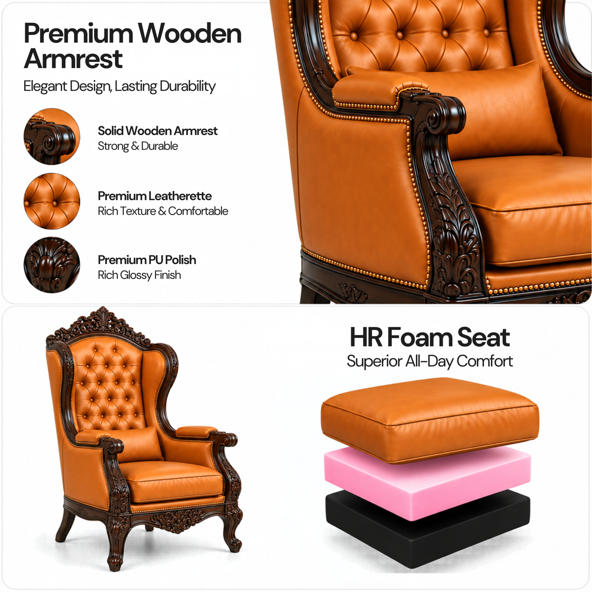 Royal Maharaja High Back Chair, upholstered in luxurious Leatherette, featuring wide armrests and design and Hand Crafting Chair Durable & High Comfort Chair