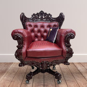 Design Hand Carved Teak Wood Adjustable Height 360D Swivel Button Tufted Office Armrest Chair
