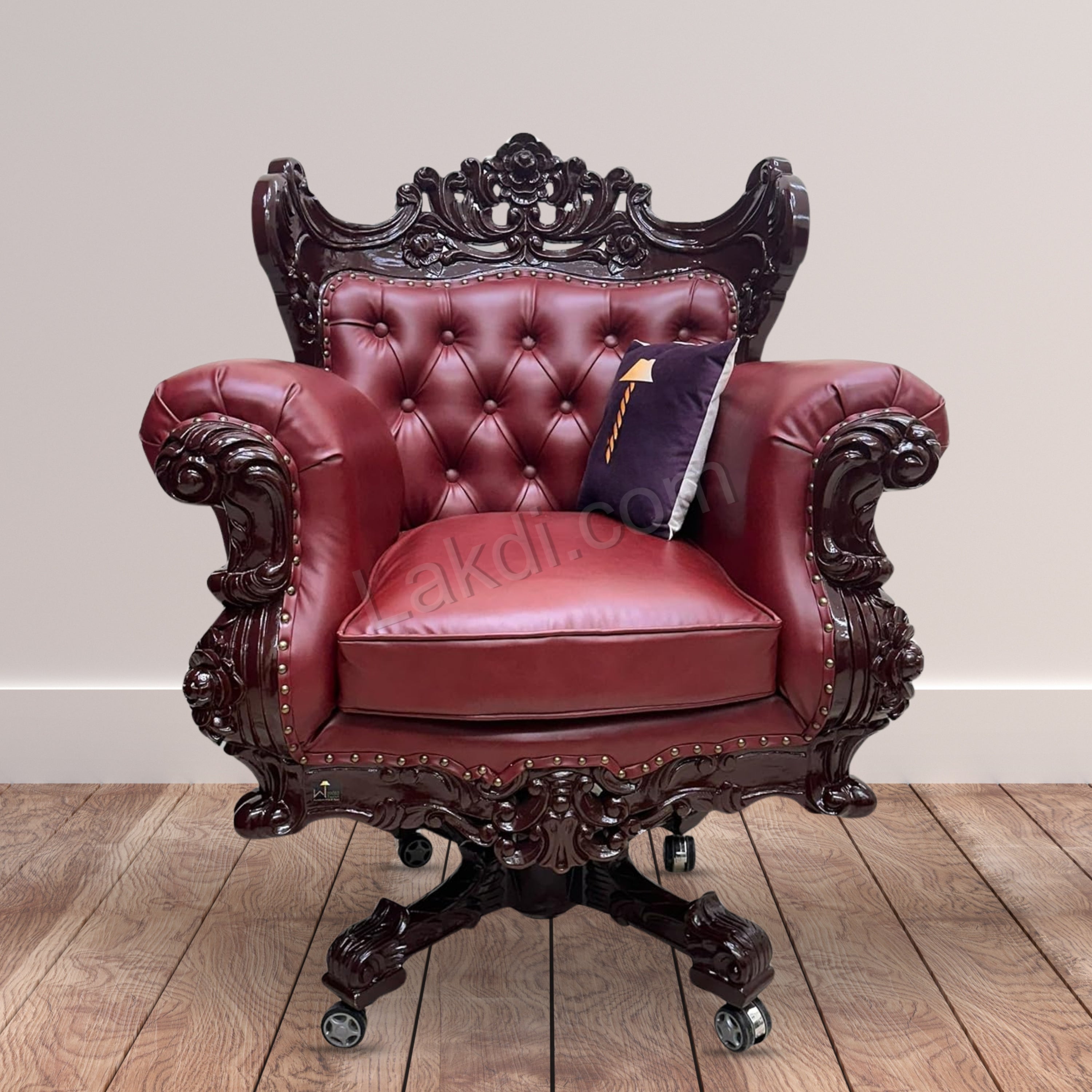 Royal Twist Design Hand Carved Teak Wood Adjustable Height 360D Swivel Button Tufted Office Armrest Chair