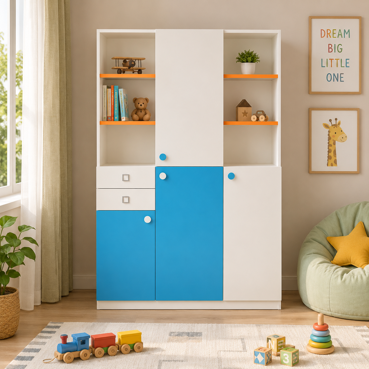 Kids Wardrobe in White & Blue with Open Shelves, Drawers & Multi-Door Storage for Kids Bedroom, Nursery, Playroom & Study Area