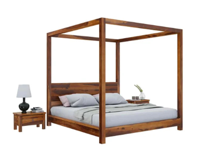 Wooden Bed Handcrafted Four-Poster– Elegant Natural Finish with Grand Canopy Frame, Available in Queen and King Sizes