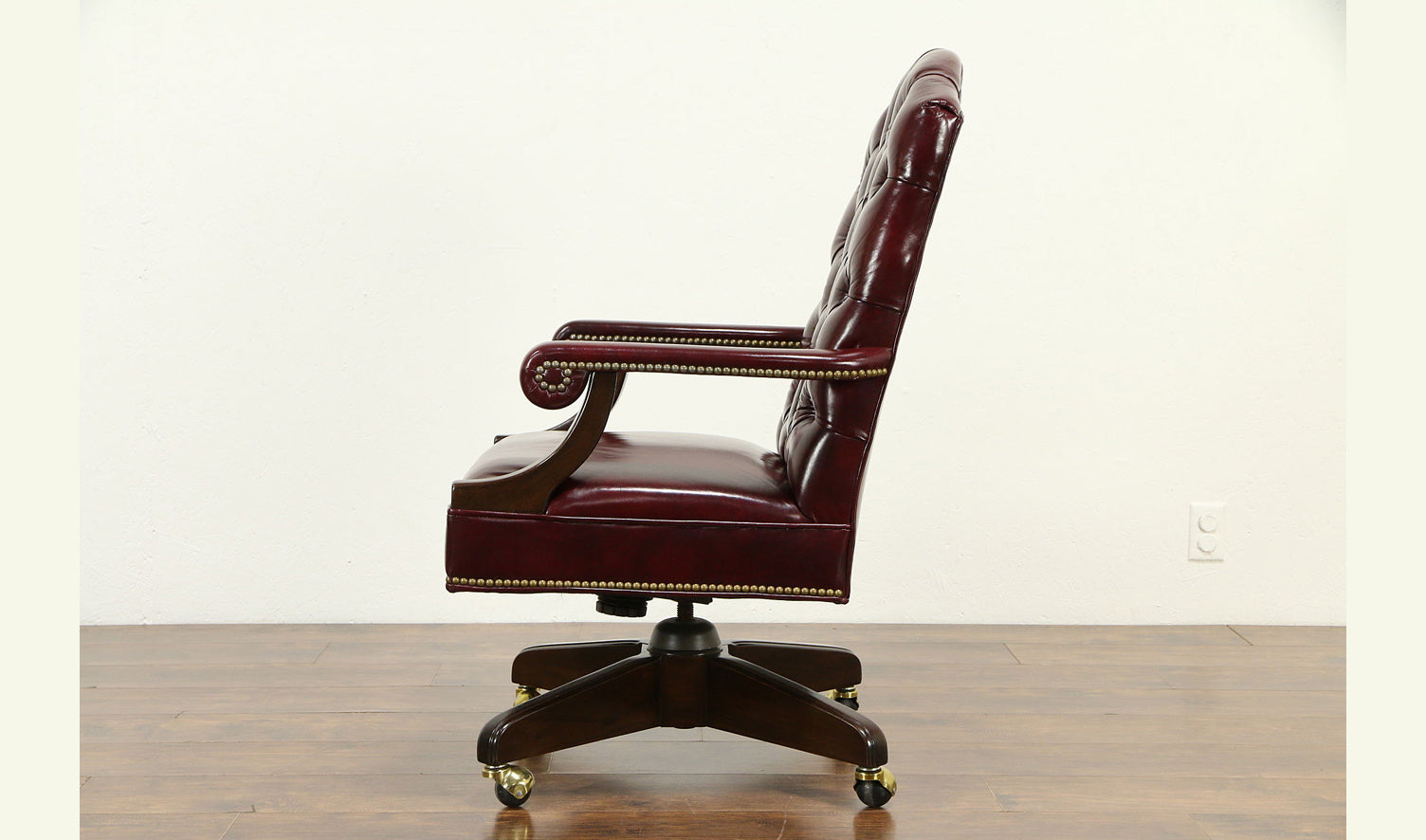 Luxury Office Director Chair Tufted Design Made in Solid wood with Leatherette and Soft Padded - Armrest and Swivel Base and Polish- Dark-Red Cherry