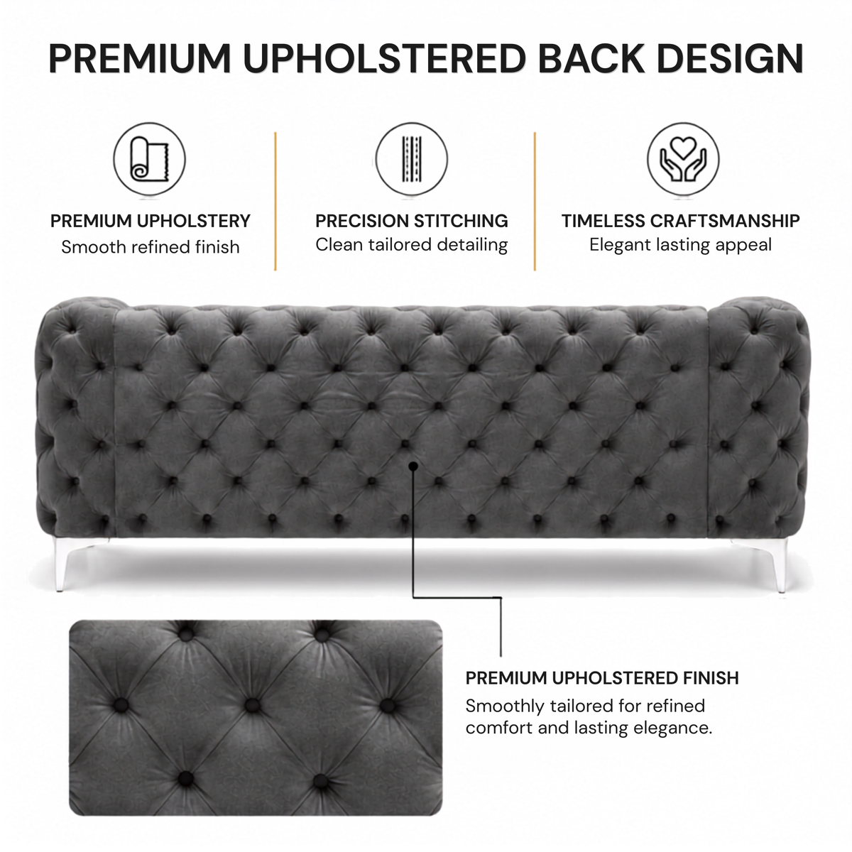 Premium Chesterfield 3 Seater Sofa with Deep Diamond Button Tufting, Curved Arms, Plush Cushioned Seats & Sleek Metal Legs