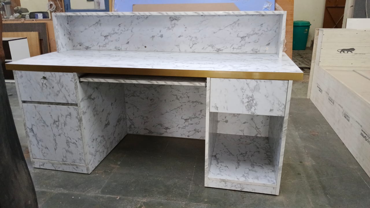 Reception Table for Office Luxury Modern Counter Stylish Design Made in MDF with Keyboard Tray And Drawers & Ample Storage CPU Space - White Color