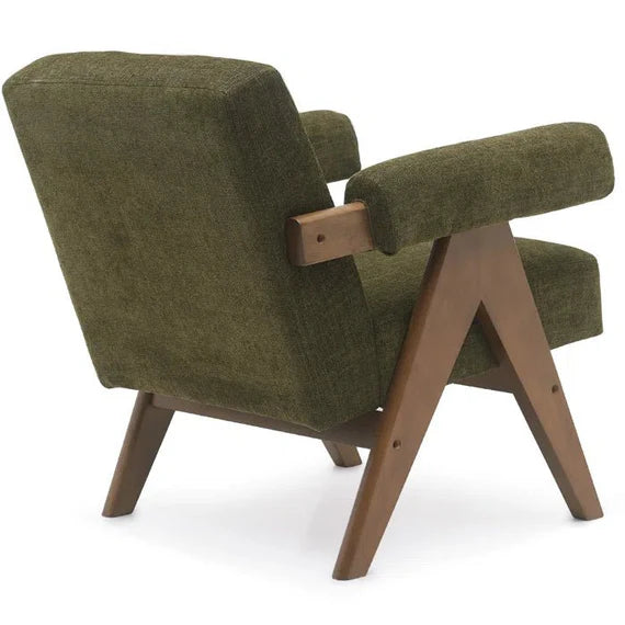 Lounge Chair For Living Room ,Comfortable Seating ,Durable Design Wooden Arm , Upholstery Polyester and Teak Wood Legs With wooden Polish -Dark Green