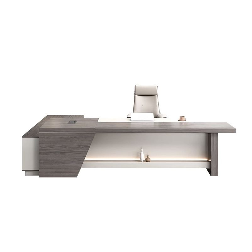 Director L-Shape Office Table Luxury Desk Made in Plywood with Locking Drawer, Reversible Orientation, Wire Manager, and CPU Storage - Grey