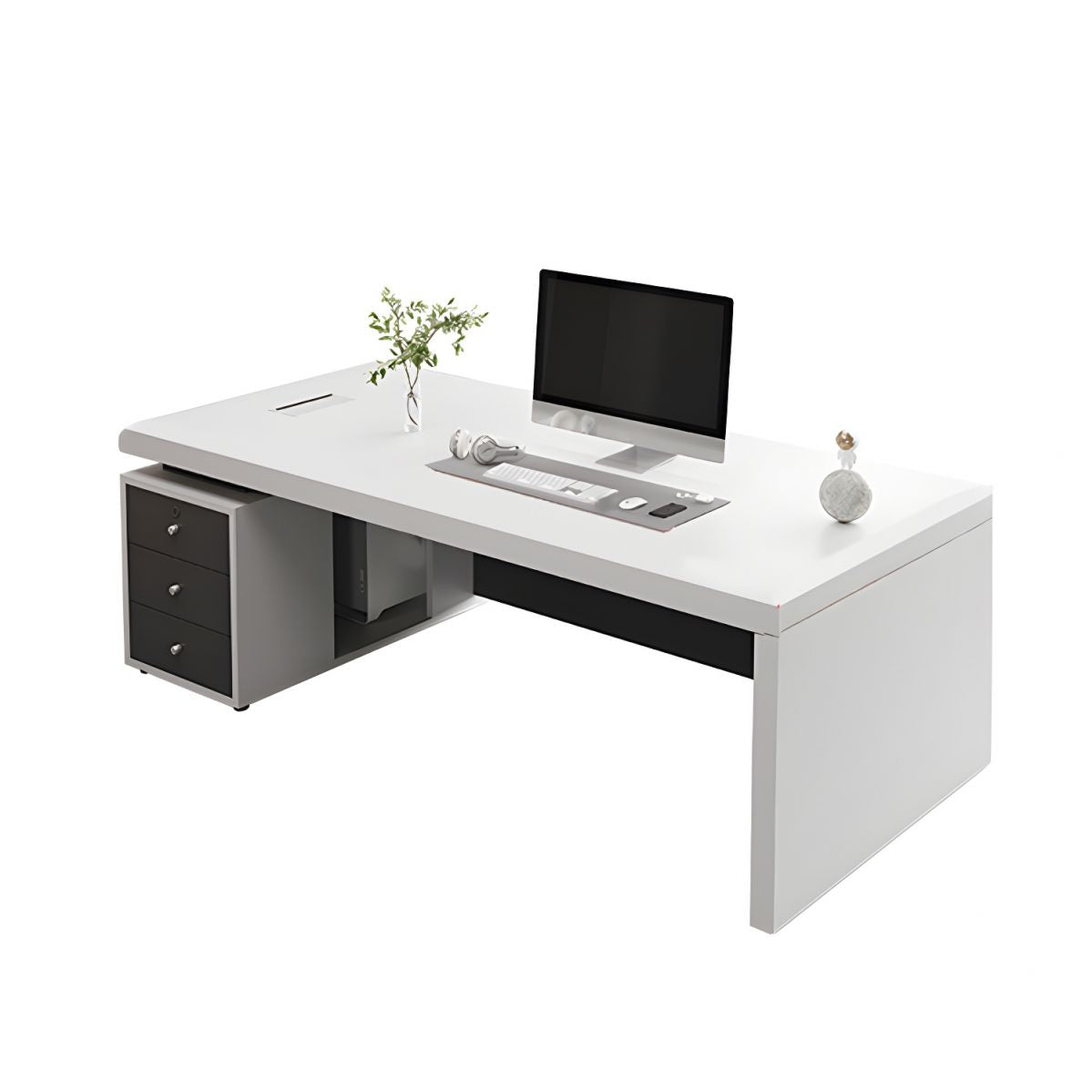 Director & Executive Rectangular Office Table Luxury Desk Made in Particle Board with Drawer and CPU Storage, Wire Manager - White