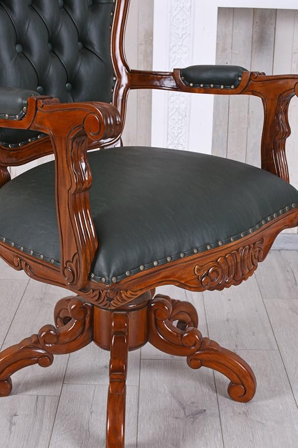 Office Director Chair Tufted Design Made in Solid wood with Leatherette and Soft Padded - Armrest and without Swivel Base and Polish