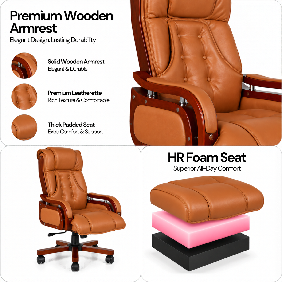 High Back Executive Chair for Office | Leatherette Upholstery with Wooden Base & Handle | Revolving Director Chair with Cushioned Seat & Headrest | Boss Chair Brown