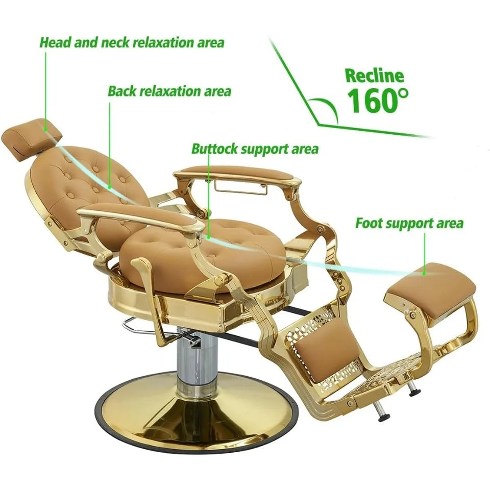 Salon Chair for Luxury Design Royal Barber Chair Unisex Stylish, Elegant Chair for Haircuts, Shaving and Beauty Spaces and Legs Rest - Golden Color