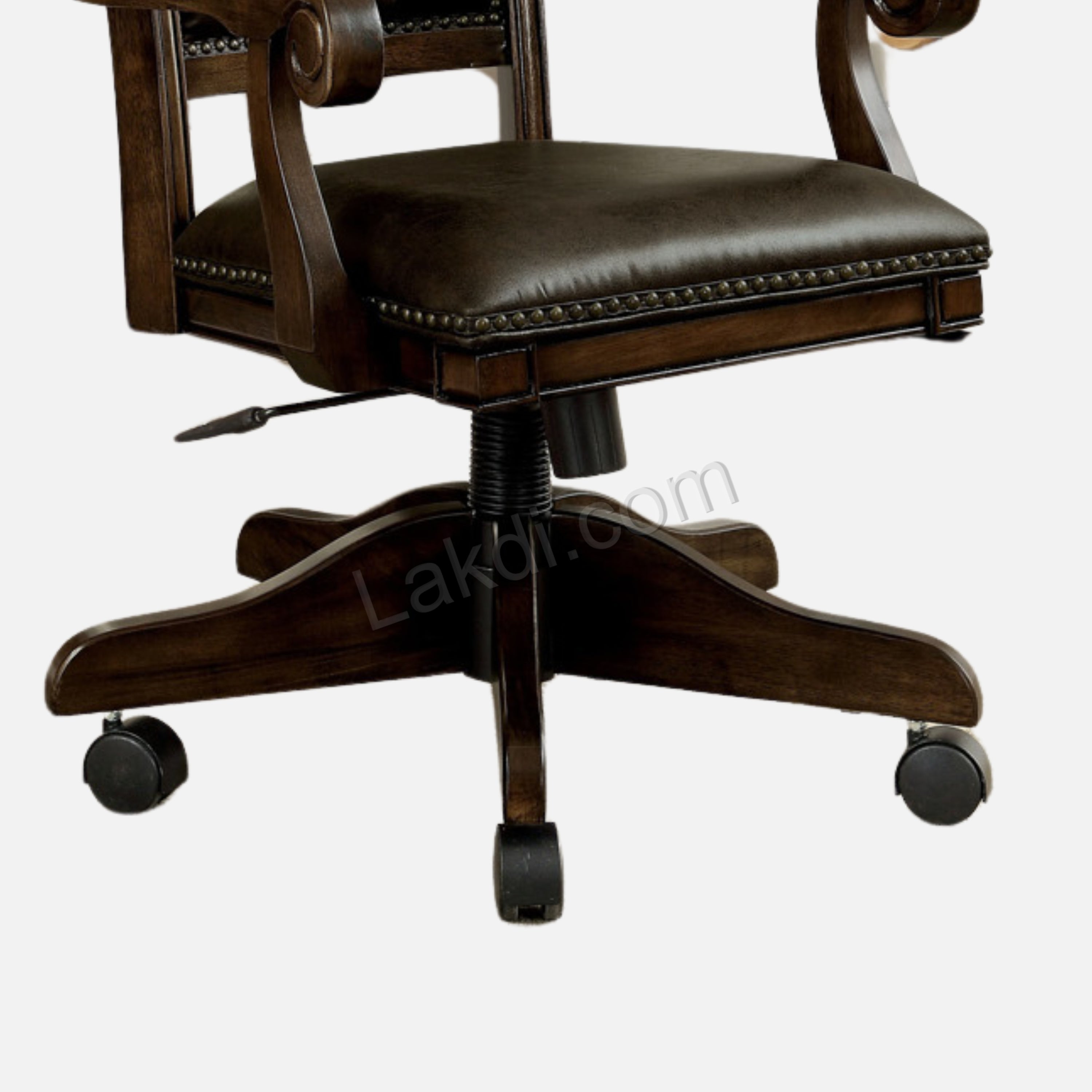 Luxury Office Director Chair Tufted Design Made in Solid wood with Leatherette and Soft Padded - Armrest and Swivel Base and Polish- Dark-brown