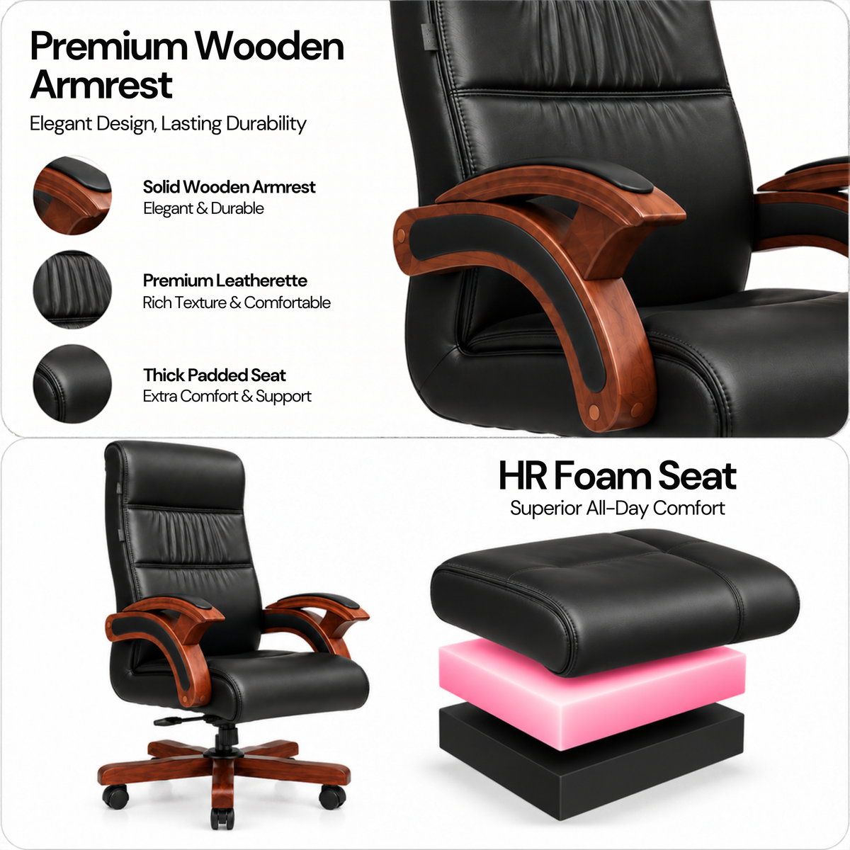 Director Chair for office Made in Plyboard with Leatherette Upholstery & Armrest with Height Adjustable & Revolving Chair -black