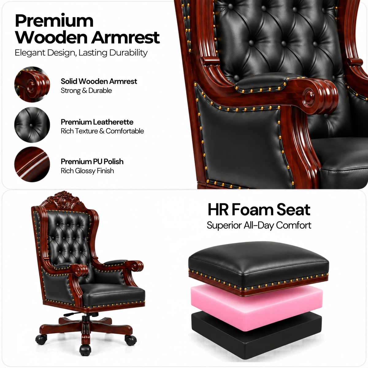 Director Chair Luxury High-Back Leatherette Office Chair with Adjustable Height, Fixed Armrests, Wooden Base, Premium Handcrafted Swivel Tilt Chair