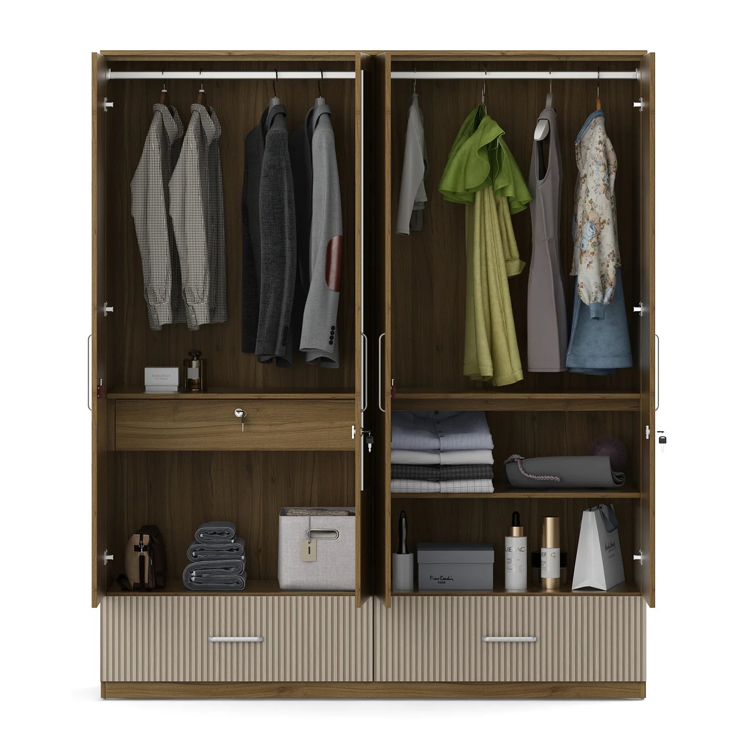 Wardrobe for Home 4-Door Modern Look, Luxurious High-Gloss Finish and Metallic Touch Handles
