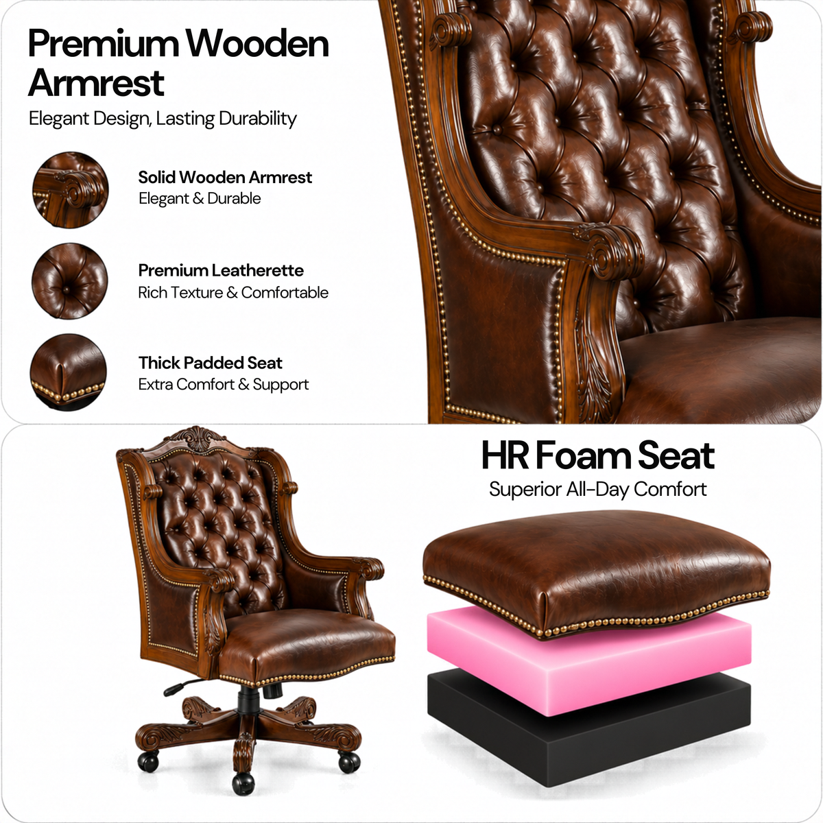 Luxury Design Boss and Director High-Back Leatherette Office Chair Swivel, Adjustable Height, Fixed Armrest, and for Wooden Base