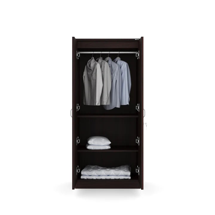 Wooden Wardrobe – 2-Door with Lock Storage Unit in Particle Board Open Shelves