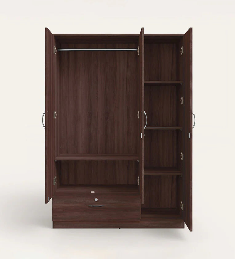 Wooden Almirah for Home Furniture in Particle Board Material – 3 Door with 1 Drawer, Stylish Handles for Bedroom Storage