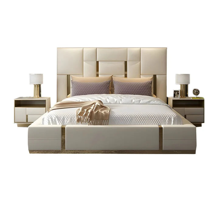 Queen Bed for Home Furniture with Upholstered headboard with sleek metal accents for your luxury Bedroom.