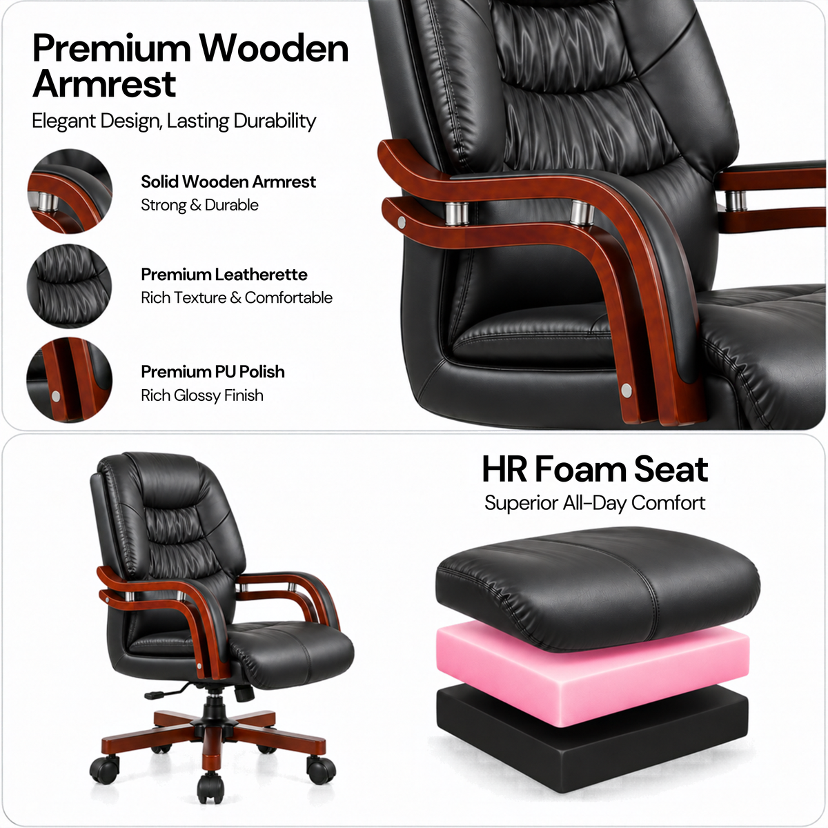 High Back Director Chair for office Made in Plyboard with Leatherette Upholstery & Armrest with wooden WheelBase & Revolving Chair -black