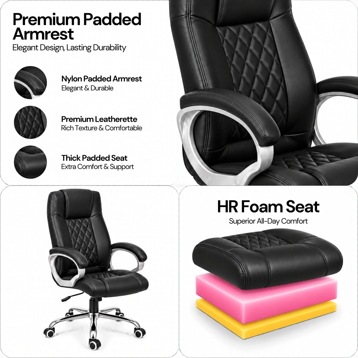 Modern Director Office Chair, Leatherette Upholstery with High Back and Powder-Coated Chrome Base